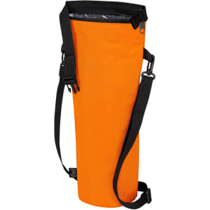 An orange bottle thermo bag with a black strap and interior lining, featuring a logo on the side.