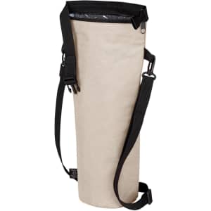 A drink bottle thermo bag in beige with a black adjustable strap, featuring a logo on the side.
