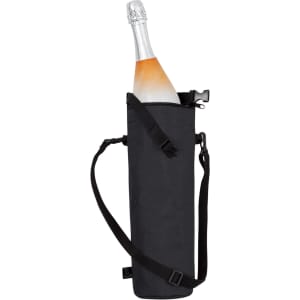 A drink bottle is inside a black cooler bag with a shoulder strap and a clip. The bag has a sleek design.
