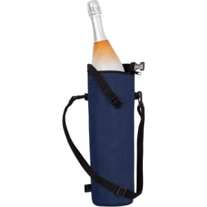 A drink bottle in a navy blue thermo bag with a shoulder strap and a clip. The bag has a simple design.