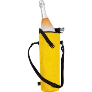 A drink bottle thermos bag in bright yellow, featuring a black adjustable strap and a secure closure.