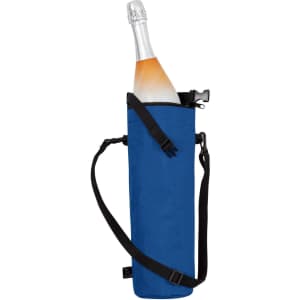 A drink bottle is nestled in a blue cooler bag with a shoulder strap and a secure top closure.
