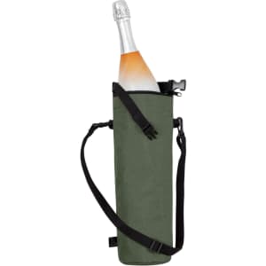 A drink bottle in a green cooler bag with a shoulder strap, featuring a logo.