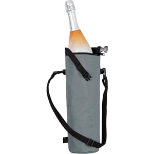 A drink bottle insulated cooler bag in grey, featuring a shoulder strap and a secure closure.