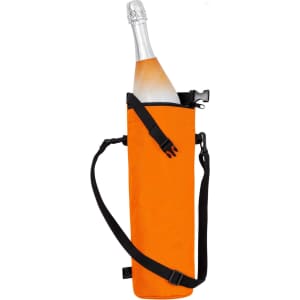 A drink bottle is housed in an orange thermo bag with a black strap and clip. The bag features a logo.