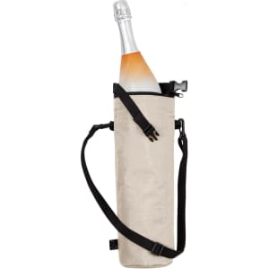A drink bottle is nestled in a beige bottle thermo bag with a black strap and clip, featuring a logo.