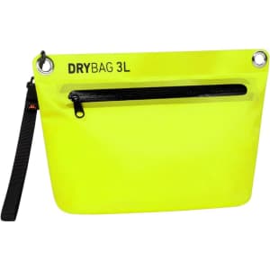 A bright yellow Drybag Zipper Bag with a black zippered pocket and a strap. It features a logo.