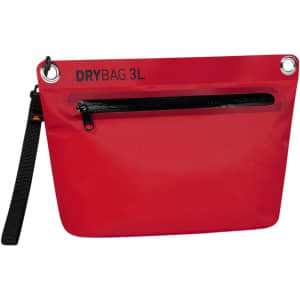 A red Drybag Zipper Bag with a black zippered pocket, featuring a wrist strap and a logo.