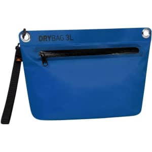 A blue dry bag with a black zipper pocket and an attached strap. It features a logo on the front.