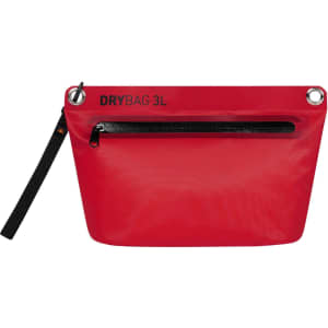 A red dry bag with a zippered compartment and a black strap, featuring a logo on the front.