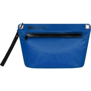 A blue dry bag with a zippered front pocket and a handle, featuring a logo.