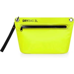 A bright yellow Drybag Zipper Bag with a zippered front pocket and a wrist strap. It features a logo.