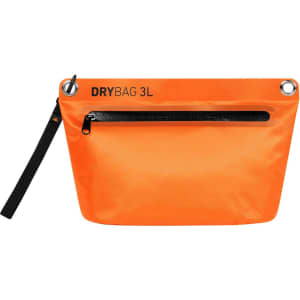 An orange Drybag Zipper Bag with a black zip pocket and a strap, featuring metal grommets.