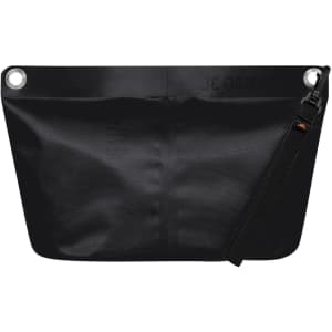 A black dry bag with a textured surface, featuring a strap and a logo. Ideal for keeping contents dry.