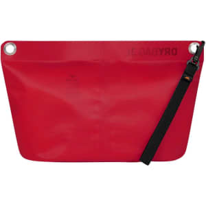 A red dry bag with a strap and a logo, featuring circular eyelets for attachment.
