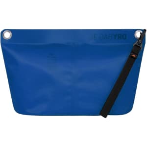 A blue drybag zipper bag with a smooth surface, featuring a strap and eyelets for attachment.