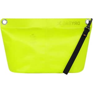 A bright yellow dry bag with a black strap and a logo, featuring a textured surface and grommet details.