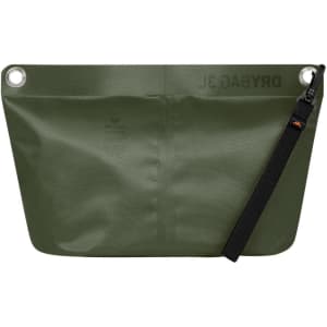 A green dry bag with a textured surface, featuring grommets and a strap. It includes a branding logo.