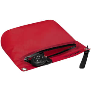 A red Drybag Zipper Bag with a key fob inside, featuring a zip closure and a small attachment strap.