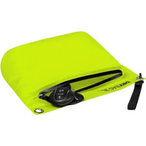 A bright yellow dry bag with a zipper, featuring a key holder inside and a loop for attachment.