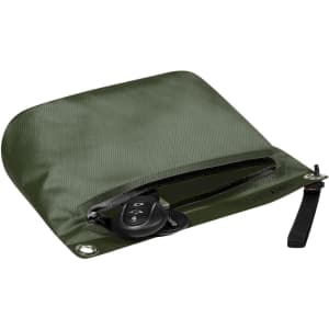 A green dry zipper bag containing car keys, featuring a zip closure and a small loop for attachment.
