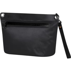 A black Drybag Zipper Bag with a zippered pocket and a strap, featuring a logo. Suitable for carrying various items.