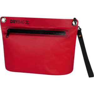 A red dry bag with a black zipper pocket and a detachable strap, featuring a logo.