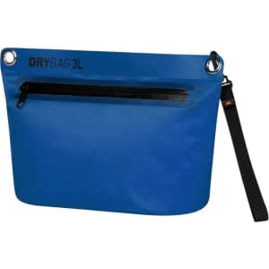 A blue Drybag Zipper Bag with a black zippered pocket and a detachable strap, featuring a logo.