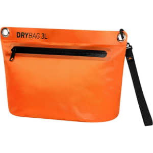 An orange Drybag Zipper Bag with a black zip pocket and a detachable strap. It features a logo.