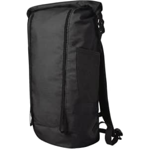 A black backpack with a roll-top closure, side pocket, and adjustable straps, featuring a logo.