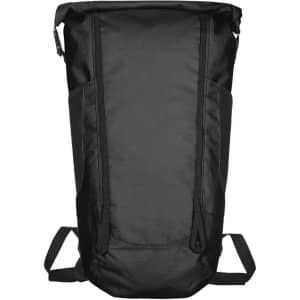 A black backpack featuring a roll-top closure and adjustable straps, with side pockets and a logo.