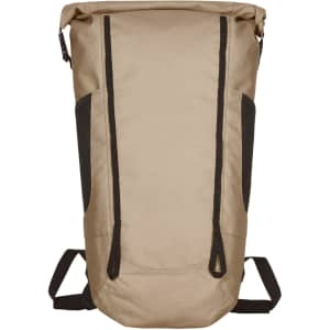 A beige and brown backpack with a roll-top design and side pockets, featuring adjustable shoulder straps.