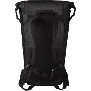 A black backpack with padded shoulder straps and breathable mesh back panel. Features a handle and side pockets.