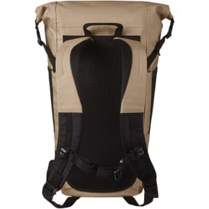A beige backpack with black accents, featuring adjustable straps and a padded back panel. It has a logo on it.