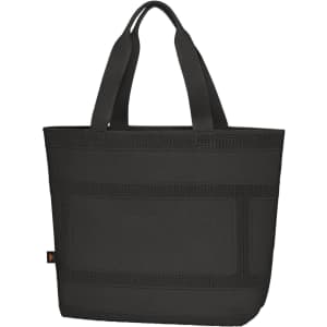 A black tote bag with sturdy straps and textured detailing, featuring a logo.
