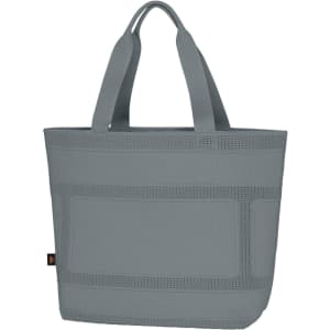 A grey tote bag with multiple ridged textures and long handles. It features a logo on one side.