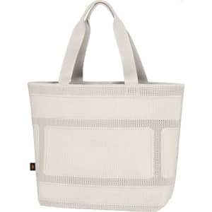 A beige tote bag with sturdy handles and a textured design, featuring a logo on the side.