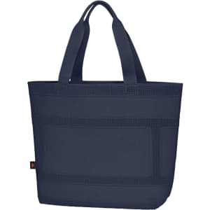 A navy blue tote bag with a textured design and two sturdy handles. Features a branding logo.