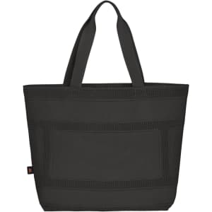 A black tote bag with sturdy handles and a patterned design, featuring a logo on one side.