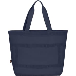 A navy blue tote bag featuring two sturdy handles and a textured design, with a logo present.