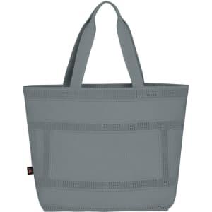 A grey tote bag with sturdy handles and a textured surface, featuring a logo.