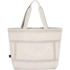 A cream-coloured tote bag with mesh detailing and two sturdy handles. It features a logo on the side.