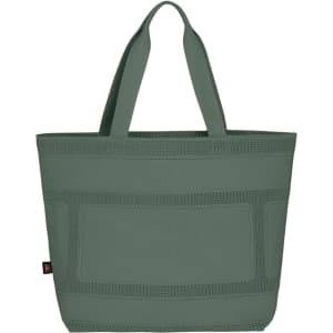 A large green tote bag with sturdy handles and textured details. It features a logo on the side.