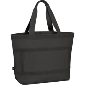 A black tote bag with sturdy handles and a textured design, featuring a logo on the side.