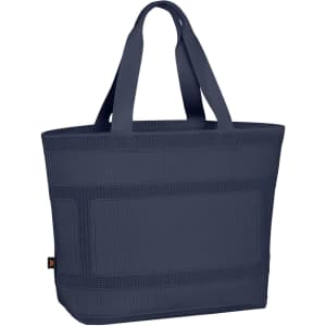 A navy tote bag with a textured design and two sturdy handles. The bag has a logo but no visible text.