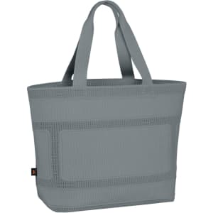 A grey tote bag with sturdy handles and a textured surface, featuring a logo.