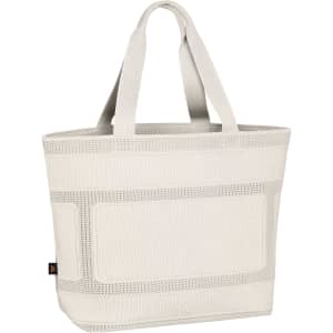 A spacious beige tote bag with sturdy handles and a textured design. It features a logo on one side.