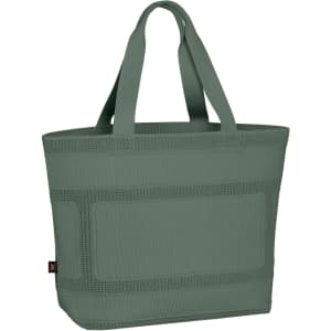 A green tote bag with sturdy handles and a textured surface, featuring a logo on the side.