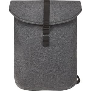 A grey felt backpack with a flap closure and a buckle strap, featuring a simple design and a logo.