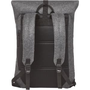 A grey backpack with black straps and a textured back panel. It features a logo on the front.